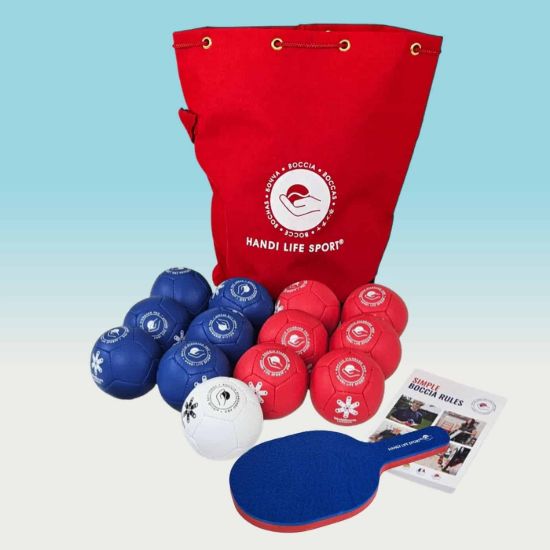 Boccia Standard Pro set with red polyester bag and foam referee paddle