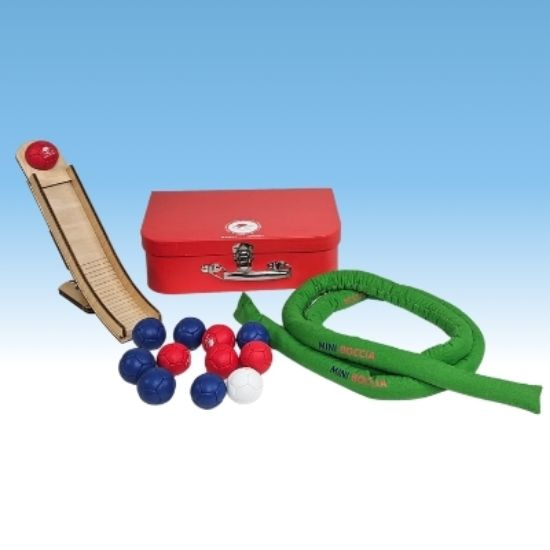 A Complete Mini Boccia Set with ramp, barrier and 13 mini boccia balls.