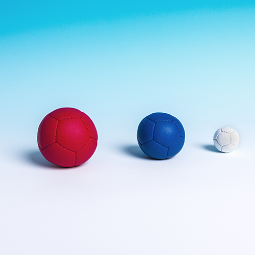 From left: Normal Boccia ball, Boccia Petite and Mini boccia ball