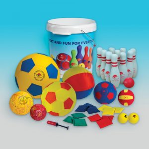 Activity kit with ten-pin bowling soft, beanbags and sensory balls
