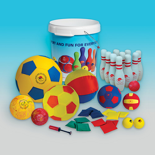 Activity kit with ten-pin bowling soft, beanbags and sensory balls