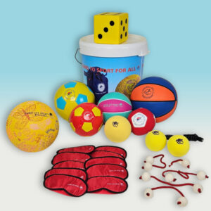 White bucket surrounded by colorful sports balls with a yellow die resting on the lid; blue gradient background behind.