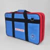 Blue and red sports equipment bag with black straps and a blue handle, labeled 'BOCCIA' for transport of gear.