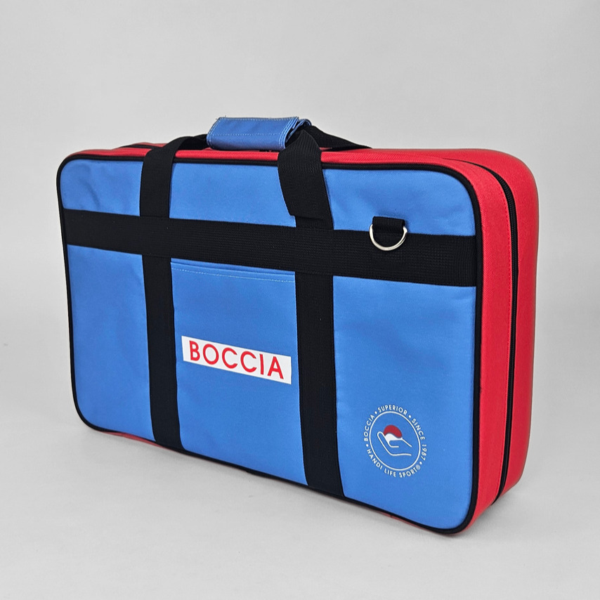 Blue and red sports equipment bag with black straps and a blue handle, labeled 'BOCCIA' for transport of gear.